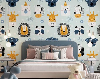 Papel pintado autoadhesivo de animales azules para la habitación infantil. Mural de pared para guardería.