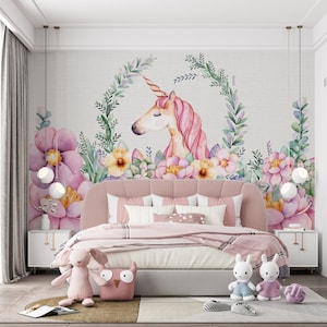 Unicorn Girls Room Wallpaper: Pink Floral Nursery Wall Mural