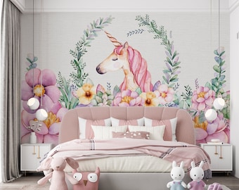 Unicorn Girls Room Wallpaper, Pink Kids Room Wall Mural, Peel and Stick, Nursery Wall Decor, Fabric Wallpaper
