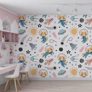 Carta da parati per la camera dei bambini del gatto astronauta, decorazione murale per la cameretta dei bambini, stacca e incolla, decorazione della parete della scuola materna, carta da parati in tessuto