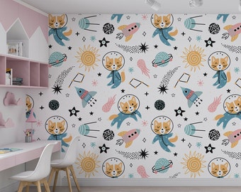 Astronaut Cat Kids Room Wallpaper, Baby Room Wall Mural, Peel and Stick, Nursery Wall Decor, Fabric Wallpaper