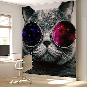 Cat With Glasses Wallpaper, Black Living Room Wall Art, Temporary Wallpaper, Peel and Stick, Fabric Wall Mural