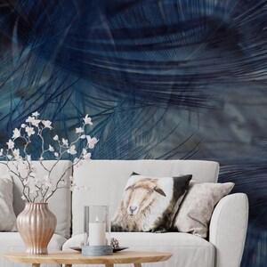 Blue Feather Art Wallpaper: Living Room Fabric Wall Mural