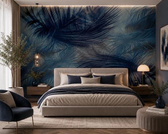 Blue Feather Wallpaper Peel and Stick Artistic Living Room Wall Mural