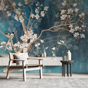 Blue Chinoiserie Wallpaper, Trees Bird Wallpaper, Floral Wallpaper
