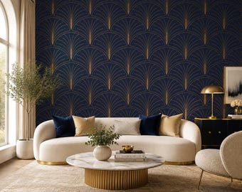 May include: A dark blue wallpaper featuring a repeating gold fan-shaped line pattern. The design consists of symmetrical, radiating arcs and vertical lines that create a geometric motif across the entire surface of the wall covering.