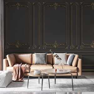 Abstract Modern Art Wallpaper, Dark Black Geometric Peel and Stick Wallpaper, Gold Faux Lines Wallpaper