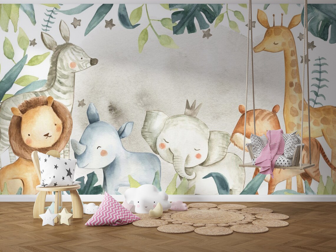 Animal Nursery Wallpaper, Kids Room Wall Mural, Peel and Stick, Baby