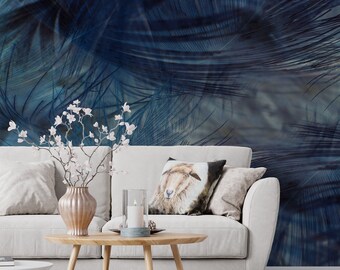 Blue Art Wallpaper, Living Room Wall Mural, Temporary Wallpaper, Peel and Stick, Fabric Wall Mural