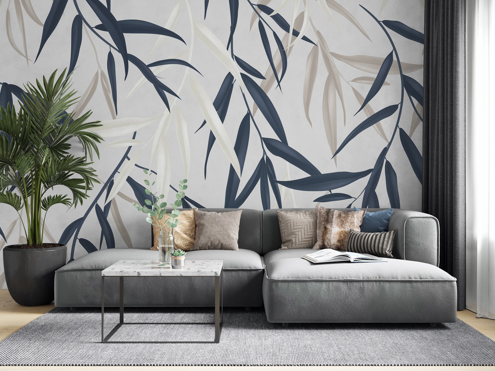 Navy Blue and White Floral Pattern Wallpaper, Living Room Wall Decor ...