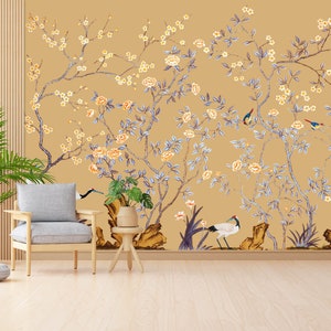 Brown Chinoiserie Wallpaper Background Wall Mural Peel and - Etsy