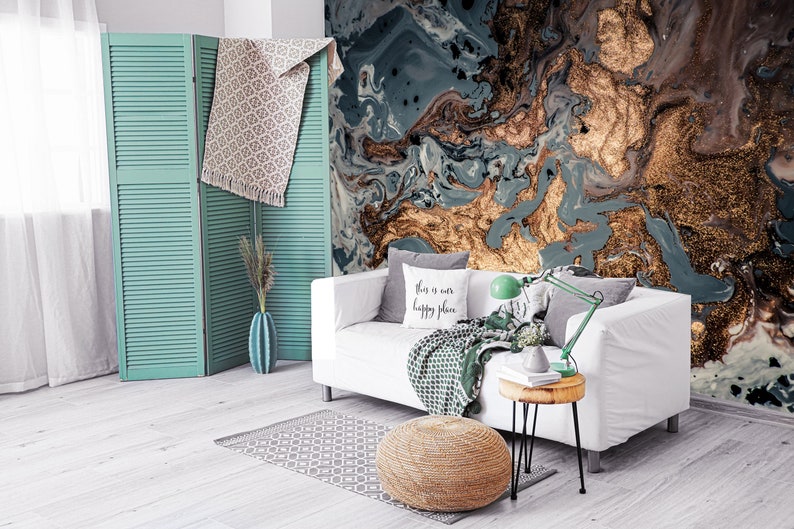 Brown and Blue Marble Textured Wallpaper Living Room Wall Etsy