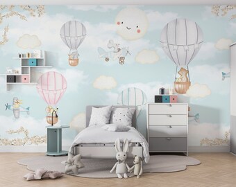 Kids Animal with Hot Air Balloons in the Sky Wallpaper, Boys Room Cute Animals Wallpaper, Peel and Stick Wall Art
