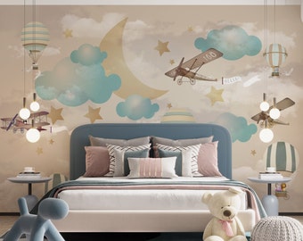 Kids Airplane with Stars Wallpaper, Nursery Boys Room Wall Mural, Kids Balloons Hot Air Peel and Stick