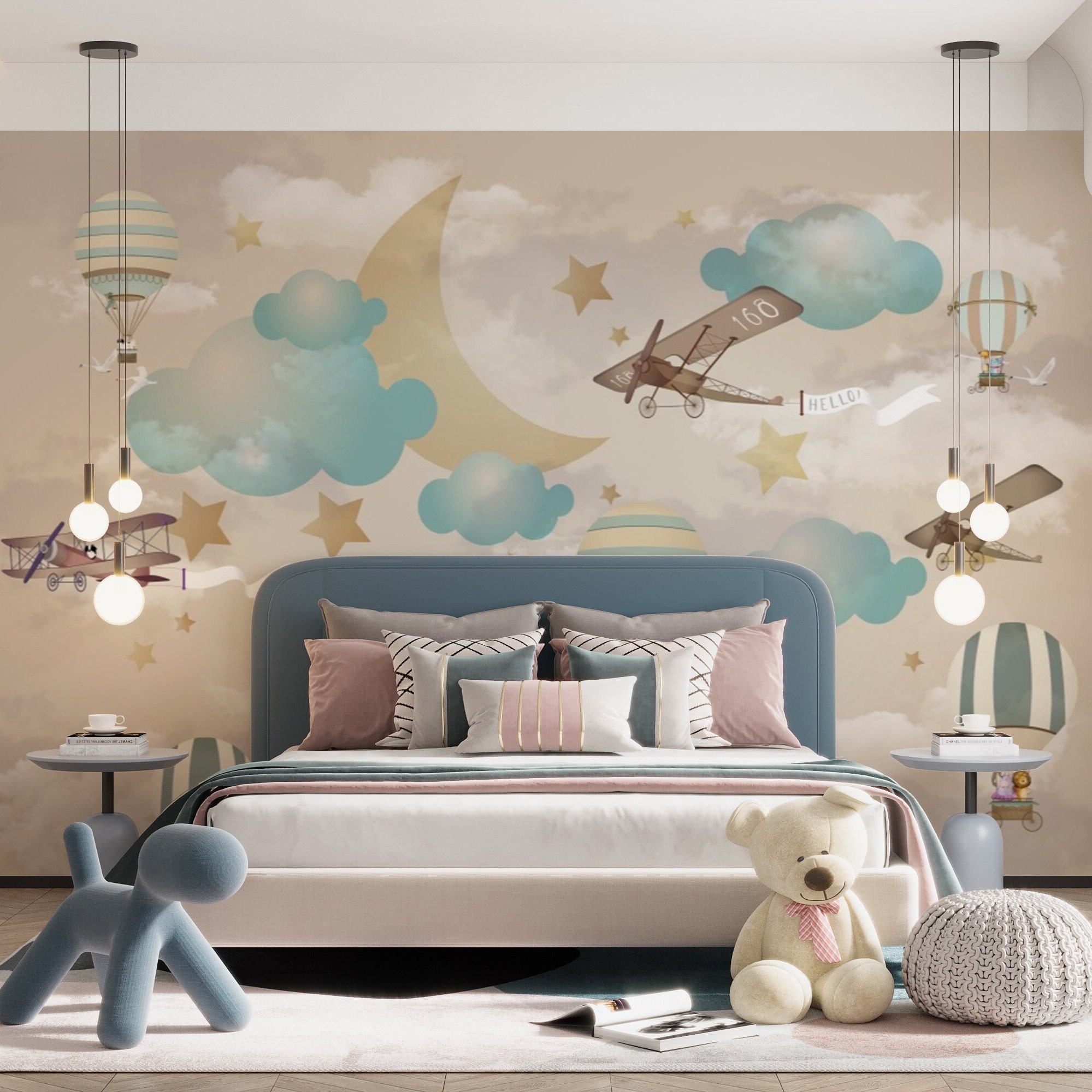 Kids Airplane with Stars Wallpaper, Nursery Boys Room Wall Mural, Kids Balloons Hot Air Peel and Stick