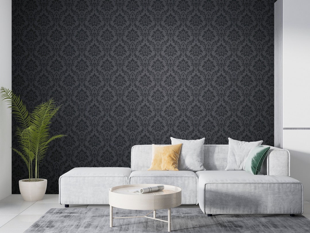 Black Living Room Pattern Wallpaper Peel and Stick, Fabric Wall Mural ...