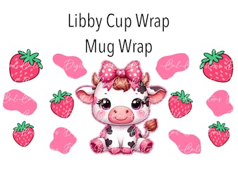 Diseño de Strawberry Cow Libby Cup Wrap / Taza de 473 ml (16 oz), descarga digital