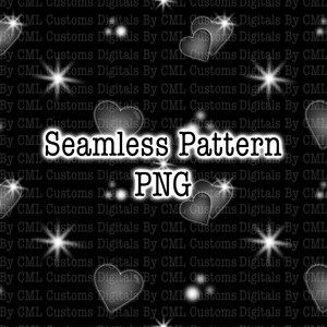 May include: A seamless pattern featuring white hearts and stars on a black background. The text "Seamless Pattern PNG" is in the center of the image.