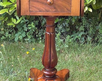 Regency Mahogany Work Table – 19th Century Pedestal Sewing / Occasional Table with Drawer & Drop Leaves