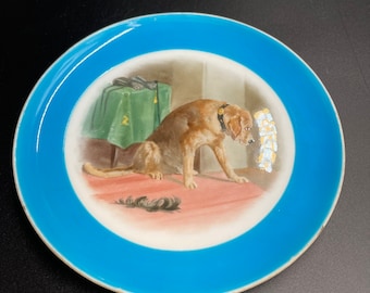 Antique Hand-Painted Porcelain Plate: Dog and Feather Scene, Turquoise Border