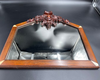Antiguo espejo de pared victoriano biselado: frontón de caoba tallada, inglés, siglo XIX