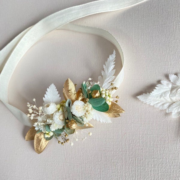Collectie 2023 Armband in geconserveerde natuurlijke bloemen trouwaccessoires bruidgetuige - Thalia wit groen goud PROMO