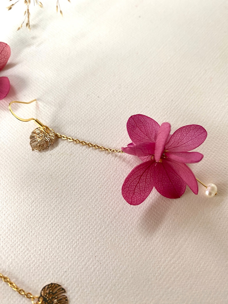 Boucles d'oreilles en fleurs naturelles stabilisées perle douce accessoires mariage mariée témoin cadeau spécialGRACE fuchsia image 6