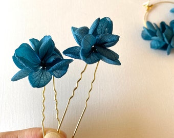 Bun hairpin Pins Hair clip in stabilized flowers wedding accessories--Capucine petrol blue (3 unités)