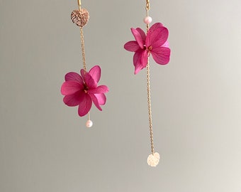 Boucles d'oreilles en fleurs naturelles stabilisées +perle douce accessoires mariage mariée témoin cadeau spécial--GRACE fuchsia