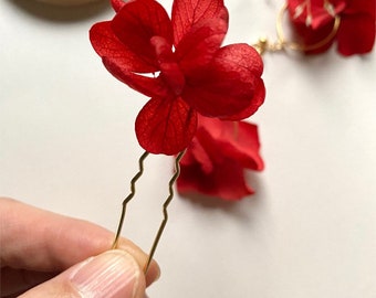 Pique à chignon Epingles Pince à cheveux en fleurs naturelles stabilisées accessoires coiffure mariage--CAPUCINE rouge vif (3 unités)