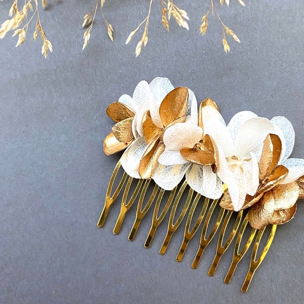 Peigne en fleurs stabilisées Accessoires de mariage coiffure mariée--LUNA blanc et doré
