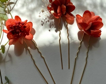 Pinned bun stick hair clip in preserved natural flowers wedding hairstyle accessories--CAPUCINE orange terracotta