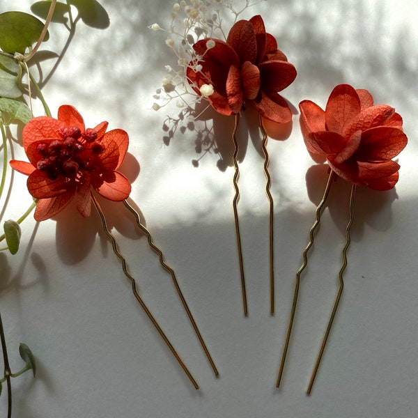 Pique à chignon épinglé pince à cheveux en fleurs naturelles stabilisées accessoires de coiffure mariage--CAPUCINE orange terracotta