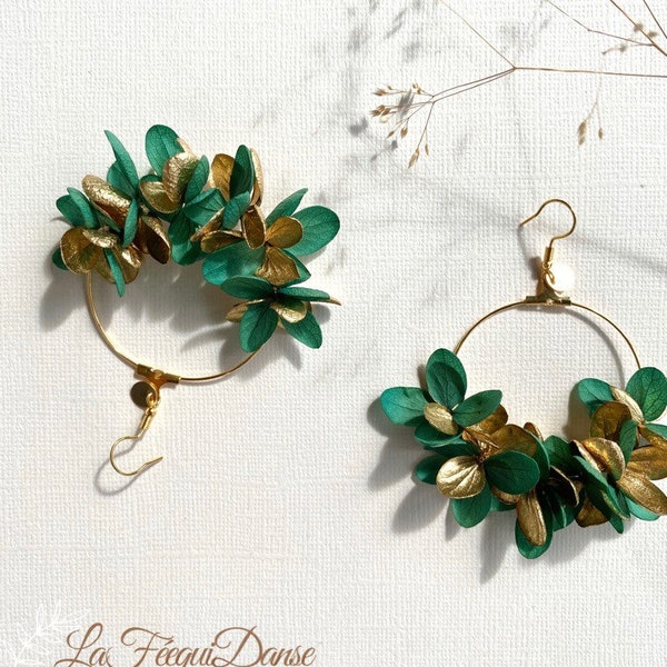 Earring in preserved natural flowers wedding accessories special gift--Green and gold IRIS