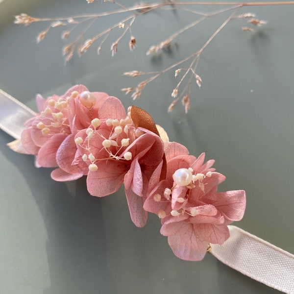 Bracelet en fleurs stabilisées + perles douces accessoires mariage--GRACE rose poudré + blanc