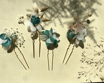 Bun stick Pin Hair clip in preserved flowers Wedding hair accessories--BELLE DE JOUR eucalyptus green and white