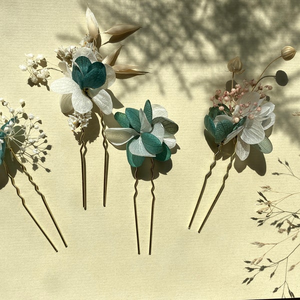 Pique à chignon Epingle Pince s à cheveux en fleurs stabilisées Accessoires de coiffure mariage--BELLE DE JOUR vert eucalyptus et blanc