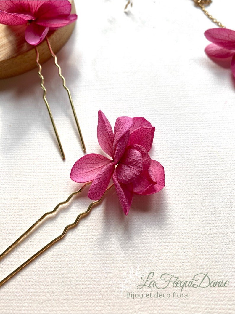 Bun stick Pins Hair clip in preserved flowers wedding accessoriesCAPUCINE fuschia pink 3 units image 2