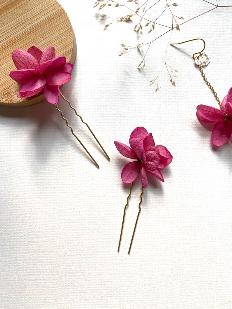 Bun stick Pins Hair clip in preserved flowers wedding accessoriesCAPUCINE fuschia pink 3 units image 3