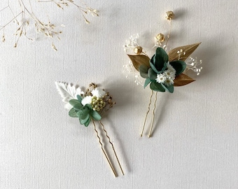Bun stick Pins Hair clip in preserved flowers wedding hair accessories--THALIA white green gold