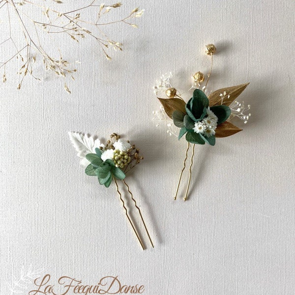 Haarspange mit Haarnadeln für Haarknoten, konservierte Blumen, Haarschmuck für Hochzeiten – THALIA, weiß, grün, goldfarben