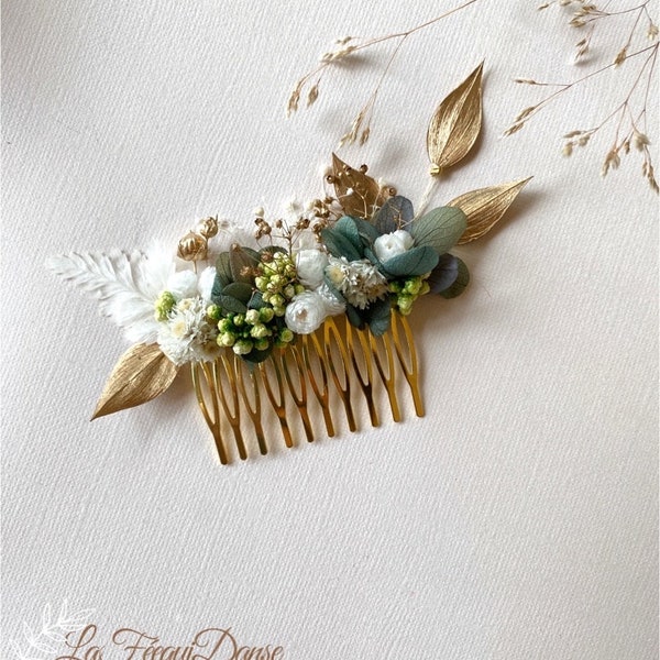 Peigne en fleurs stabilisées Accessoires de mariage coiffure--Thalia vert eucalyptus blanc doré