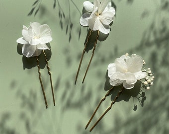 Horquillas para moño Pinza para el pelo en flores naturales estabilizadas Accesorios para el cabello de boda--CAPUCINE blanco (3 unidades)