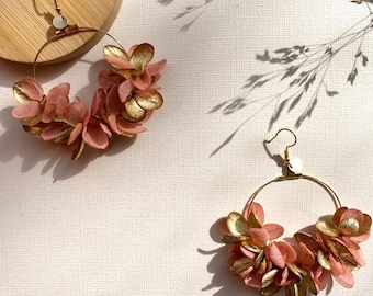 Boucle d'oreille en fleurs naturelles stabilisées accessoires de mariage cadeau spécial--IRIS rose et doré
