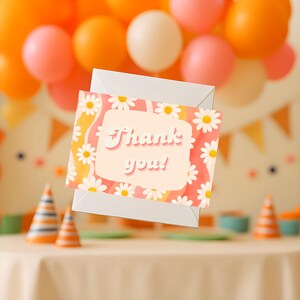 Cartões de agradecimento One Groovy Girl, cartões de agradecimento com flores de margarida, baixe e personalize, cartões de agradecimento rosa e laranja, cartões de agradecimento combinando