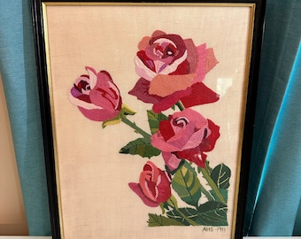 Embroidered Rose Wall Hanging - Framed Flower Crewel - Pink Roses Needlework - Hand stitched - Rose Art - Rose Picture - 70s Art - Vintage