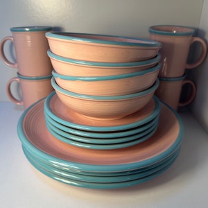 Vintage RIO Stoneware Dish Set - New in Box - JAPAN Dishes - Pink w/Blue Trim - Complete 16 Piece Set MCM - Dinner Plates Bowls & Mugs