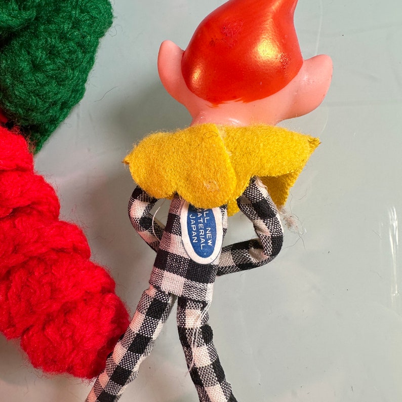 3 Vintage Ornament Elves Elf Doll Bendable Pixies Checkered Clothes