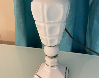 1940s Rare Milk Glass Lamp - Converted Oil Lamp - Midcentury Lampshade - 40s Vintage Lamp - Bedside Lamp - Table Lamp - MCM Shade