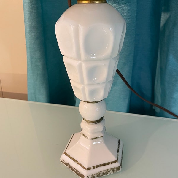 1940s Rare Milk Glass Lamp - Converted Oil Lamp - Midcentury Lampshade - 40s Vintage Lamp - Bedside Lamp - Table Lamp - MCM Shade